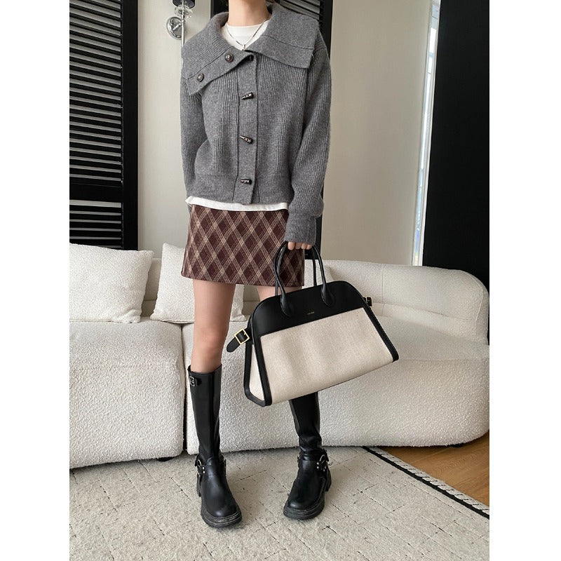 Cozy Retro Horn Button Large Turn-Down Collar Loose Knit Cardigan Sweater