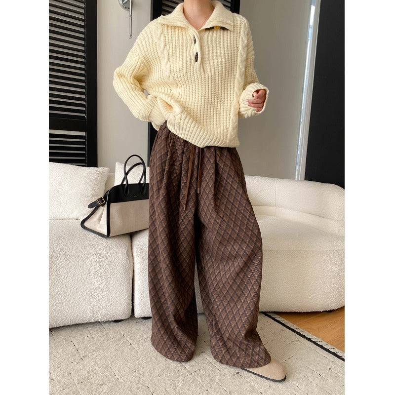 Relaxed Drawstring Elastic Waist Plaid Jacquard Fleece Oversized Casual Pants
