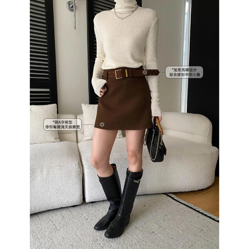 Retro Tailored High-Waisted Slim-Fitting Versatile A-Line Structured Wool Blend Mini Skirt with Belt Included