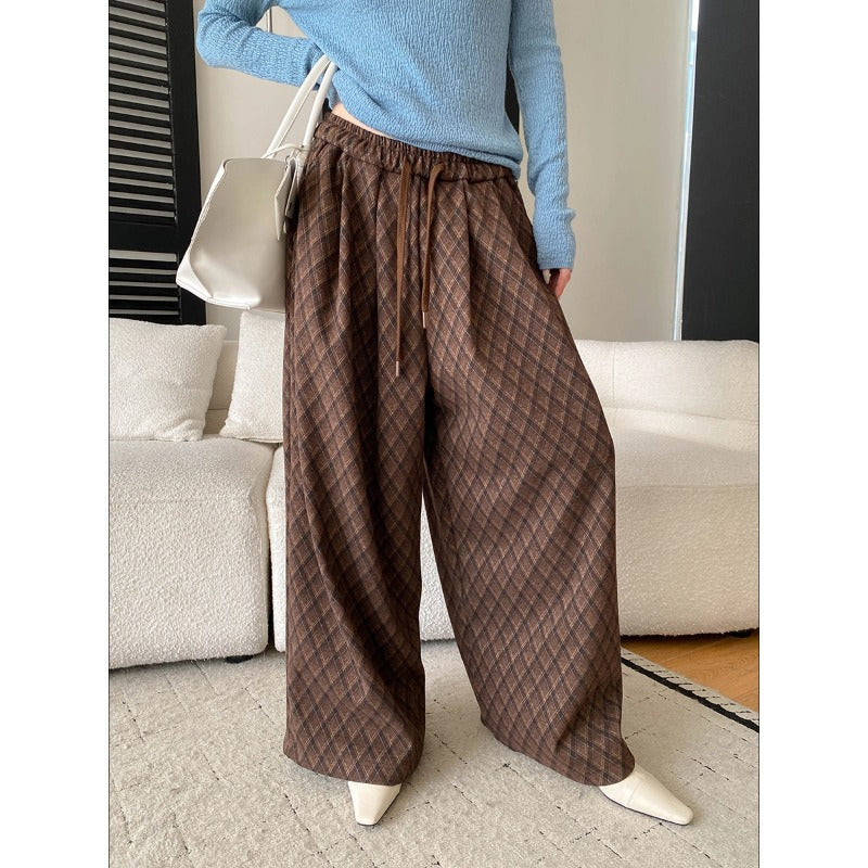 Relaxed Drawstring Elastic Waist Plaid Jacquard Fleece Oversized Casual Pants