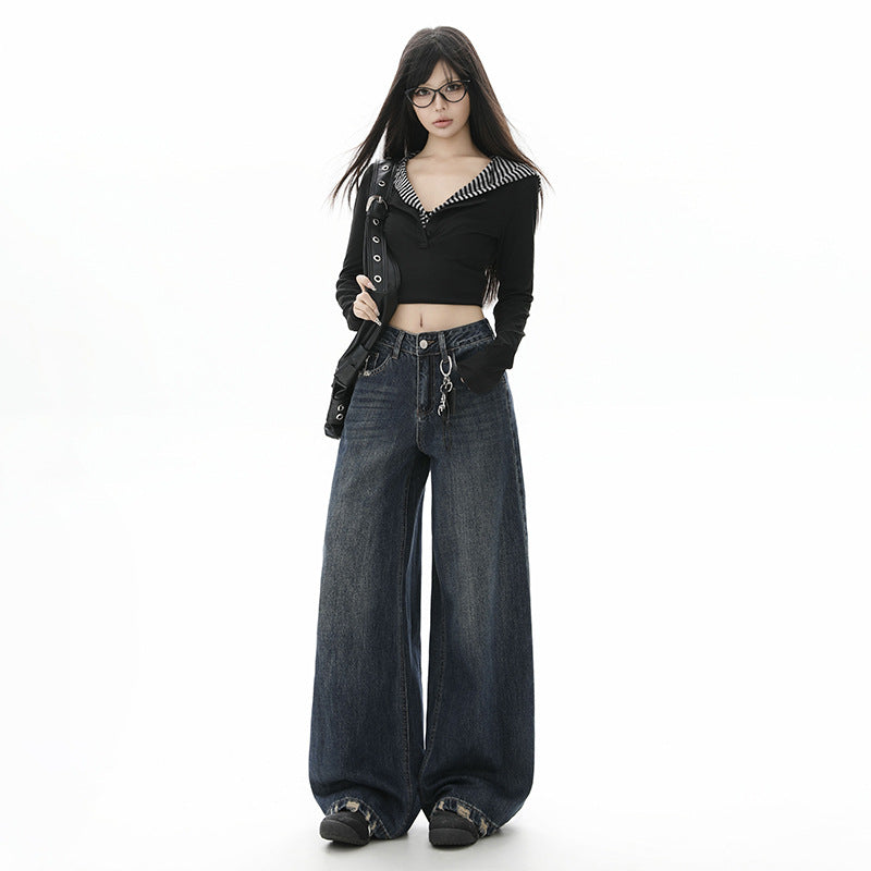 Style Black Gray High Waist Jeans Women Loose Slim Straight Leg Wide Leg Long Pants