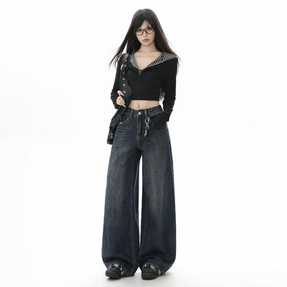 Style Black Gray High Waist Jeans Women Loose Slim Straight Leg Wide Leg Long Pants
