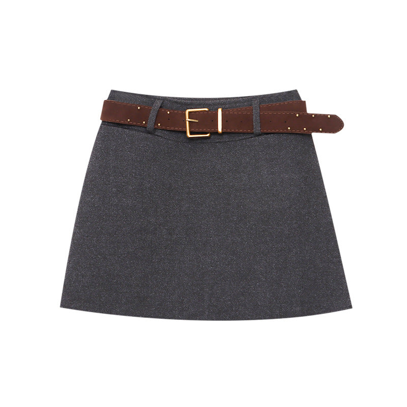 Retro Tailored High-Waisted Slim-Fitting Versatile A-Line Structured Wool Blend Mini Skirt with Belt Included