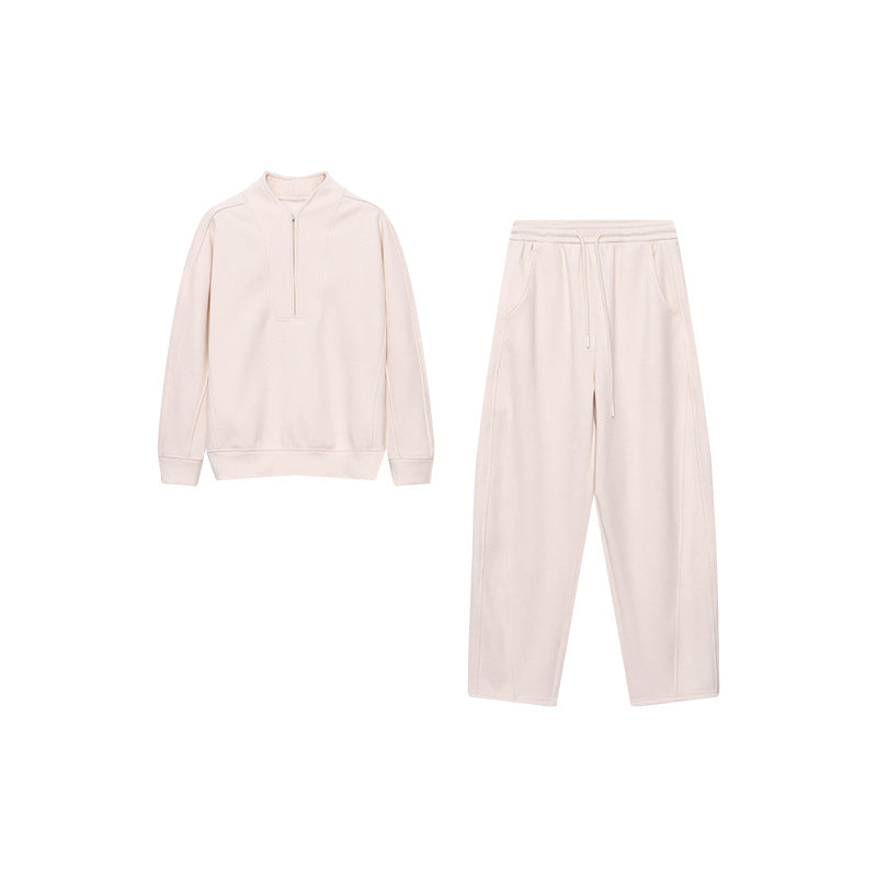 Style Sporty Half-Zip Hooded Fleece Sweatshirt with Drawstring Loose Casual Pants Set