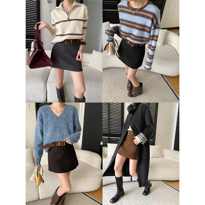 Retro Tailored High-Waisted Slim-Fitting Versatile A-Line Structured Wool Blend Mini Skirt with Belt Included