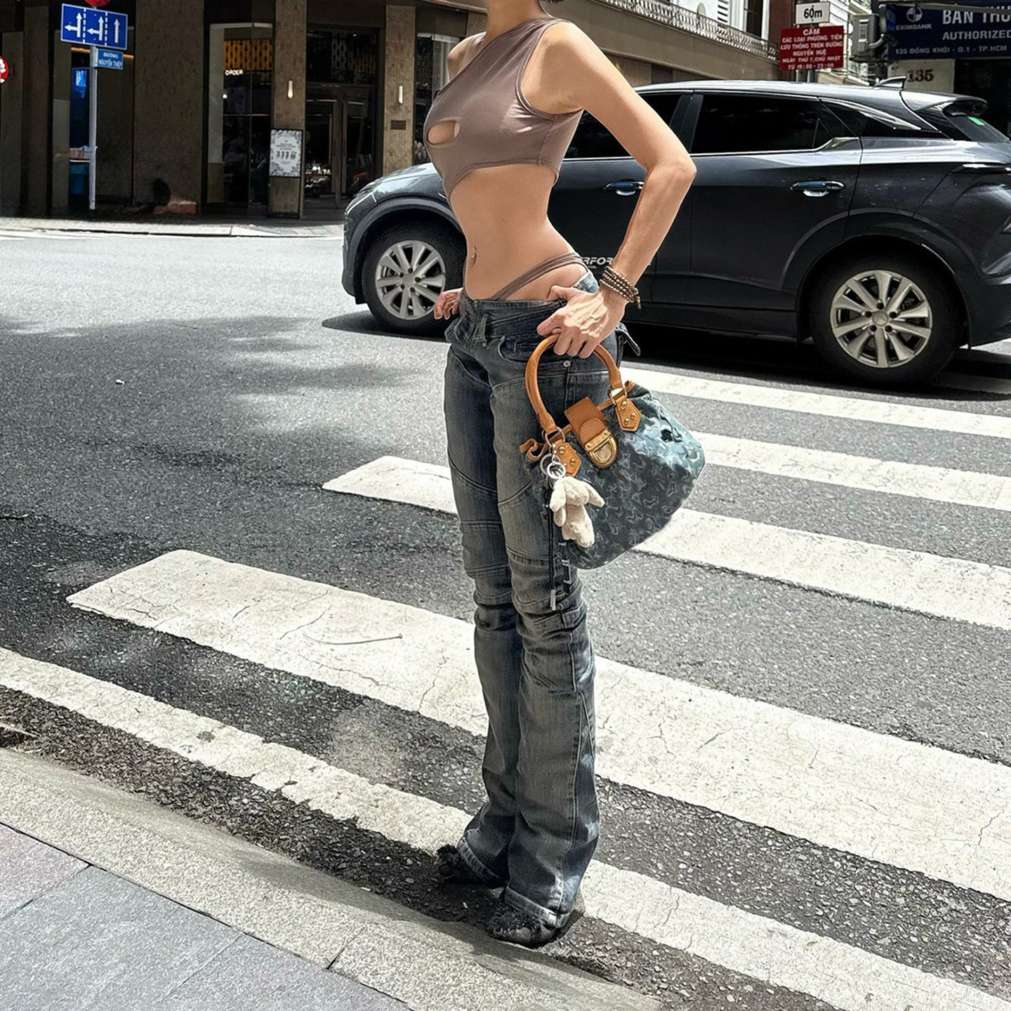 Split low waist straight leg small leg jeans