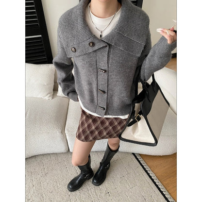 Cozy Retro Horn Button Large Turn-Down Collar Loose Knit Cardigan Sweater
