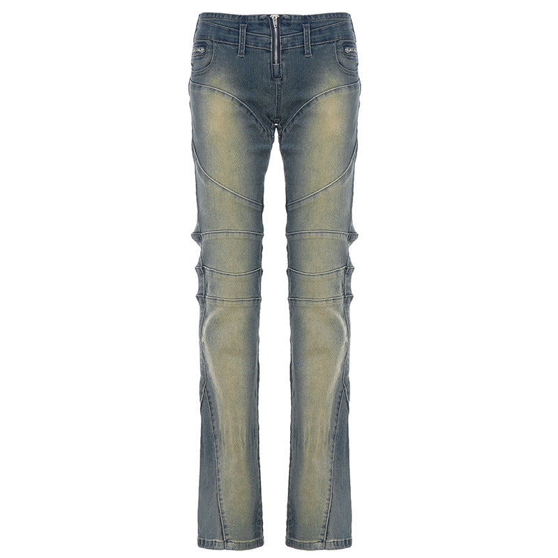Split low waist straight leg small leg jeans