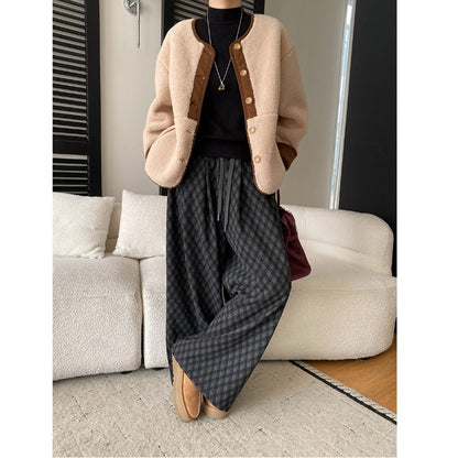 Relaxed Drawstring Elastic Waist Plaid Jacquard Fleece Oversized Casual Pants