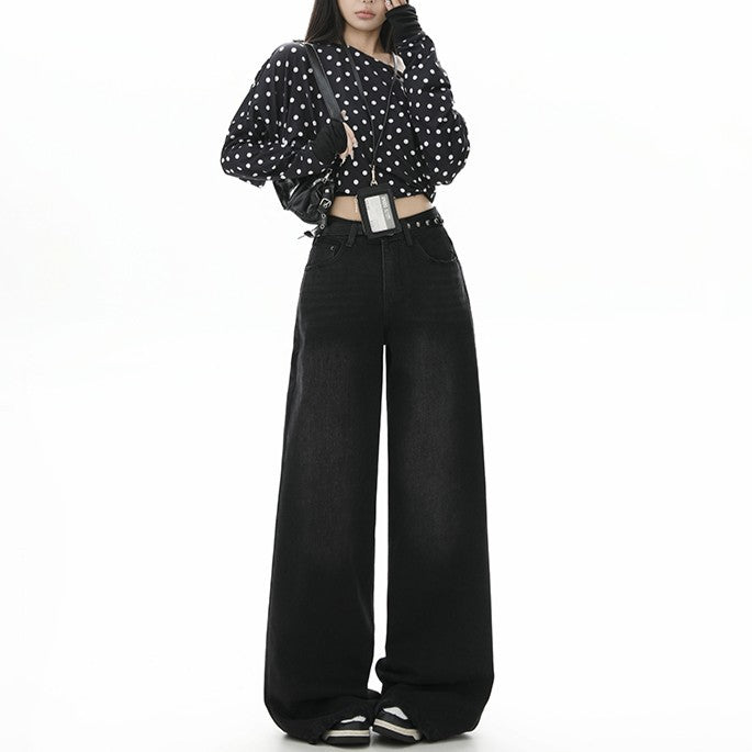 Style Black Gray High Waist Jeans Women Loose Slim Straight Leg Wide Leg Long Pants