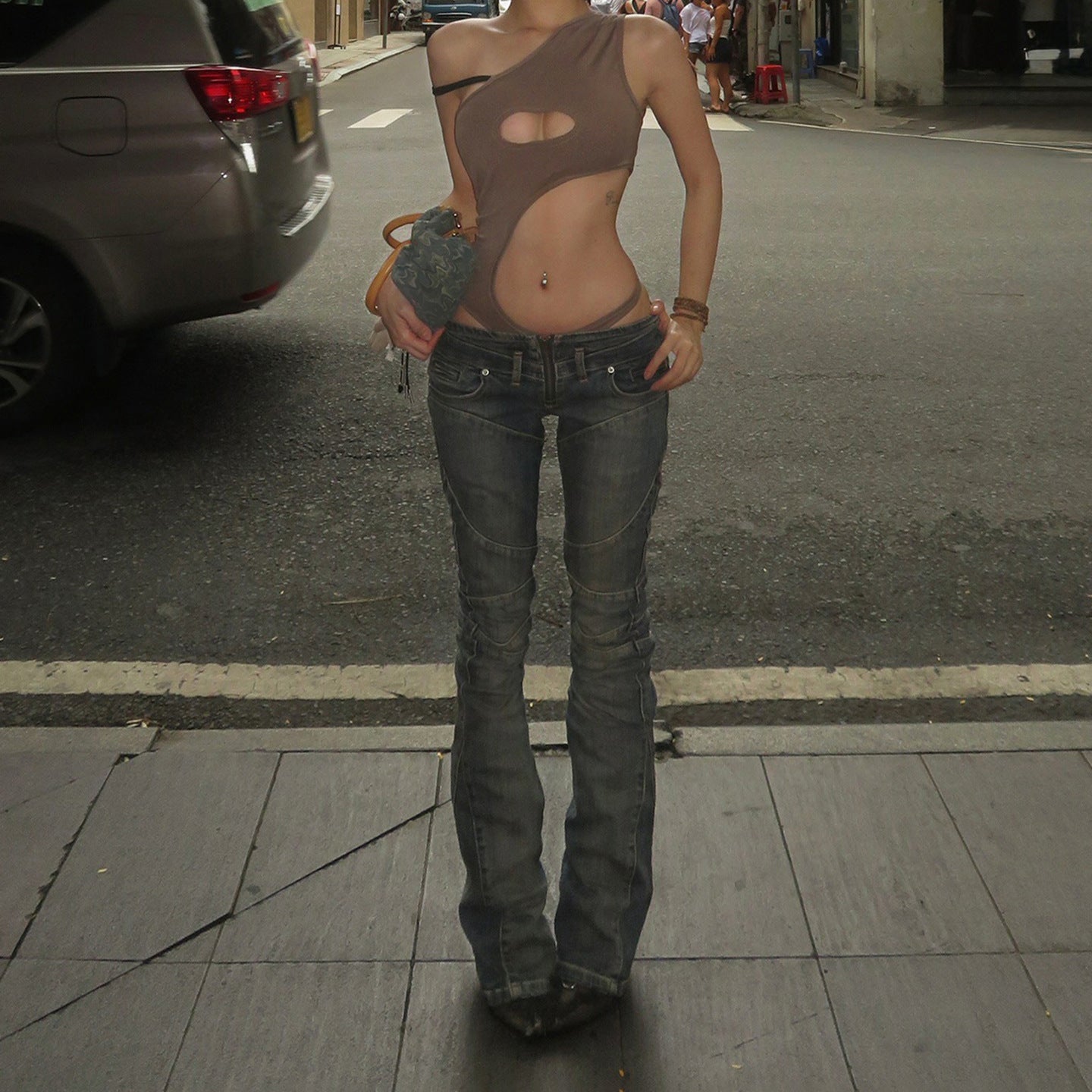 Split low waist straight leg small leg jeans