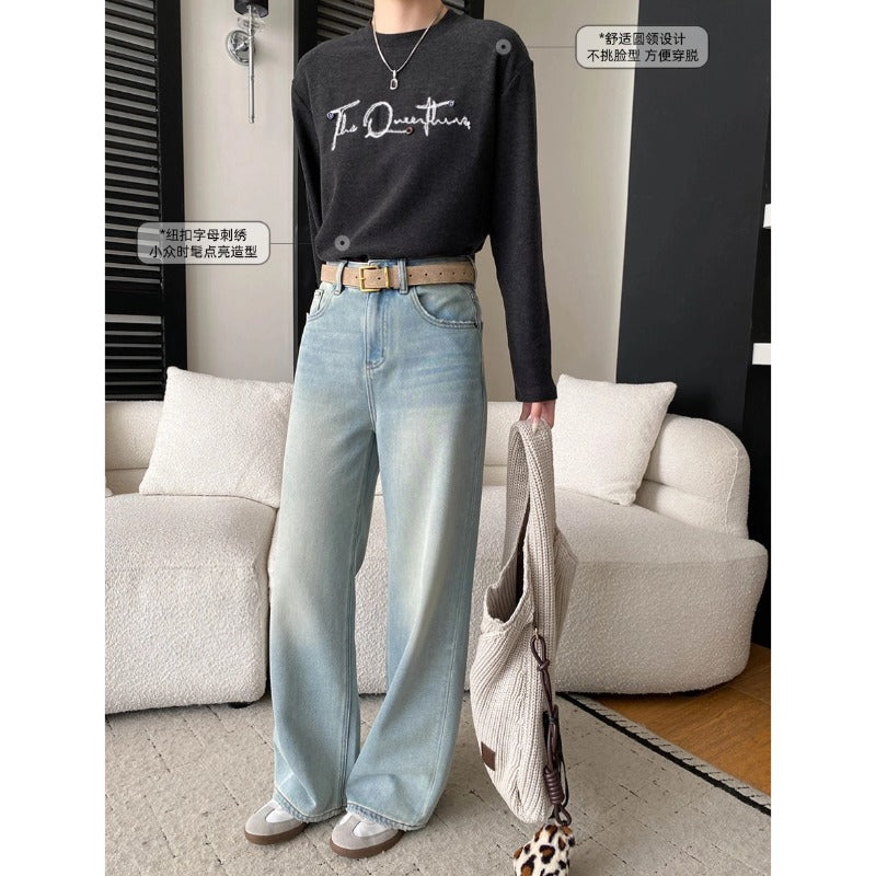 Design Button Letter Embroidery Round Neck Loose Thermal Fleece Thick Long Sleeve Base Layer Shirt