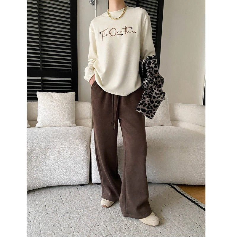 Design Button Letter Embroidery Round Neck Loose Thermal Fleece Thick Long Sleeve Base Layer Shirt