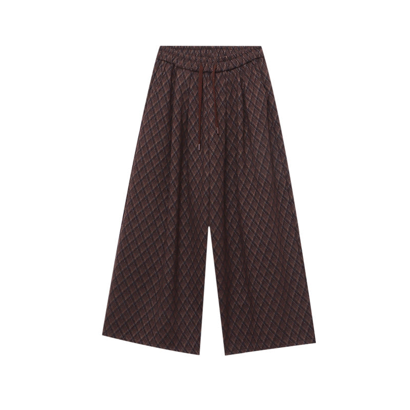 Relaxed Drawstring Elastic Waist Plaid Jacquard Fleece Oversized Casual Pants