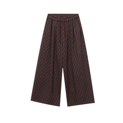 Relaxed Drawstring Elastic Waist Plaid Jacquard Fleece Oversized Casual Pants