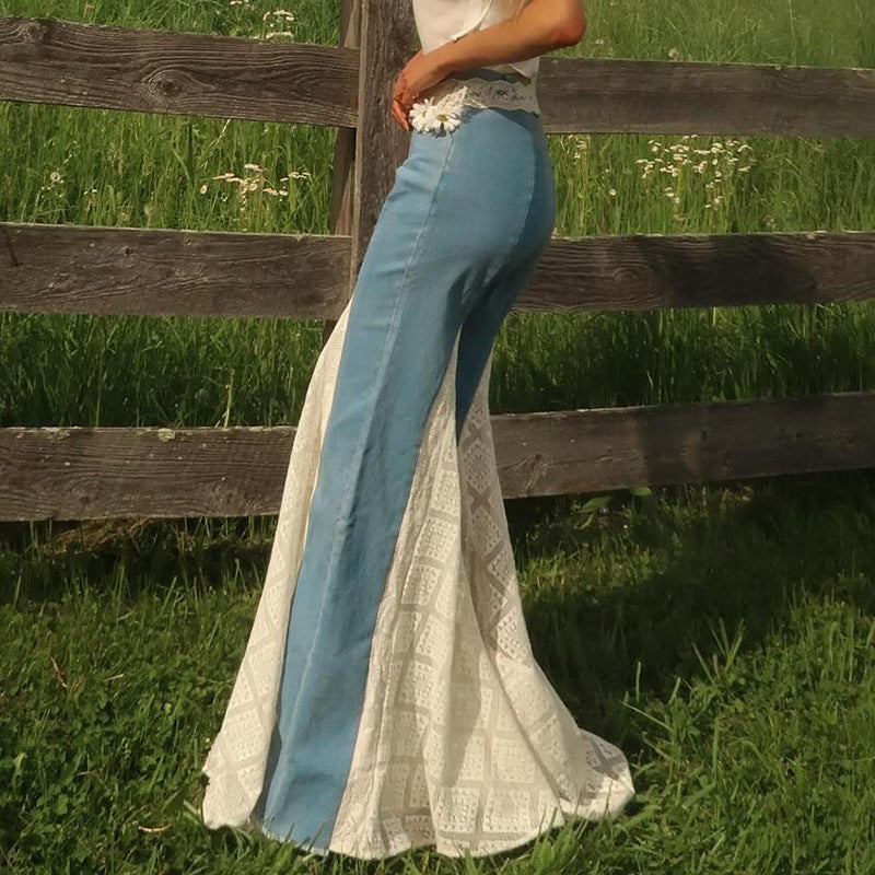 French versatile lace patchwork retro flared pants