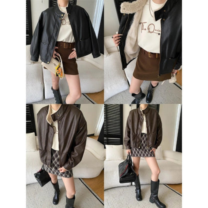 Modern Street American Biker Style Stand Collar Casual Jacket with Fleece Lining and Thickened Leather Coat