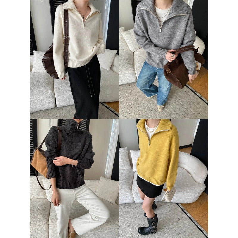 Casual Loose High Neck Half-Zip Knit Sweater Fashionable Relaxed Style