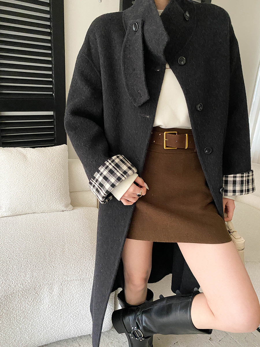 Retro Tailored High-Waisted Slim-Fitting Versatile A-Line Structured Wool Blend Mini Skirt with Belt Included