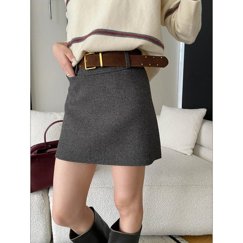 Retro Tailored High-Waisted Slim-Fitting Versatile A-Line Structured Wool Blend Mini Skirt with Belt Included