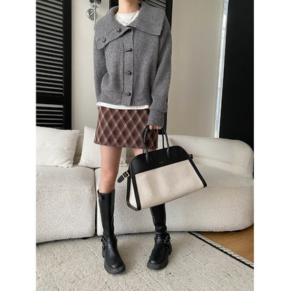 Cozy Retro Horn Button Large Turn-Down Collar Loose Knit Cardigan Sweater