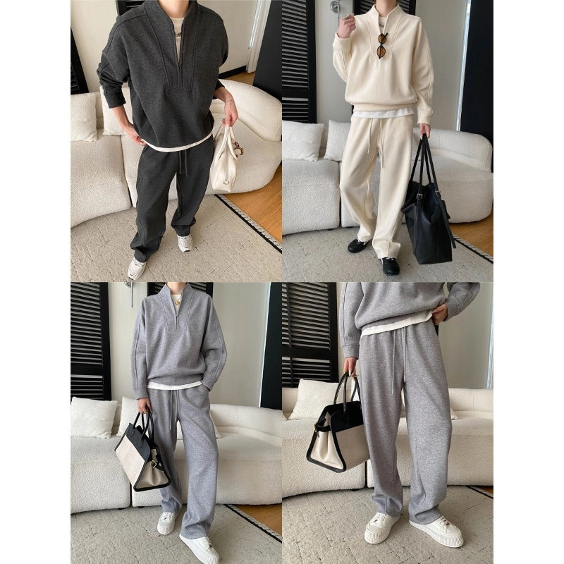 Style Sporty Half-Zip Hooded Fleece Sweatshirt with Drawstring Loose Casual Pants Set