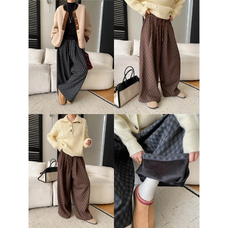 Relaxed Drawstring Elastic Waist Plaid Jacquard Fleece Oversized Casual Pants