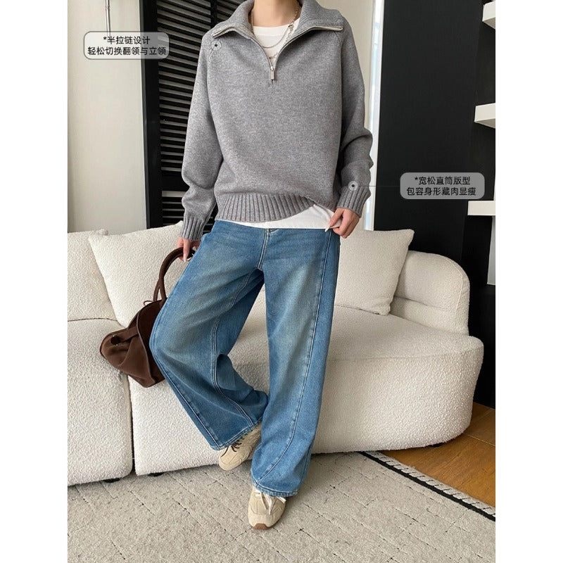 Casual Loose High Neck Half-Zip Knit Sweater Fashionable Relaxed Style