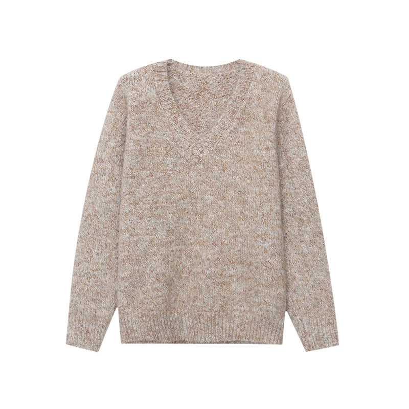 Soft Knit Sweater with Floral Pattern, V-Neck, Loose Fit Comfortable and Skin-Friendly French StyleGentle
