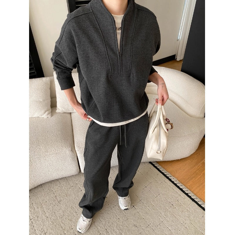 Style Sporty Half-Zip Hooded Fleece Sweatshirt with Drawstring Loose Casual Pants Set