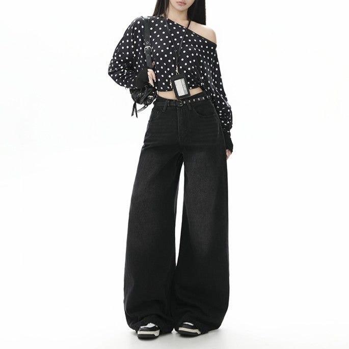 Style Black Gray High Waist Jeans Women Loose Slim Straight Leg Wide Leg Long Pants