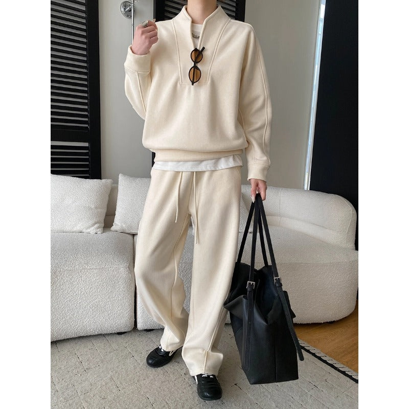 Style Sporty Half-Zip Hooded Fleece Sweatshirt with Drawstring Loose Casual Pants Set