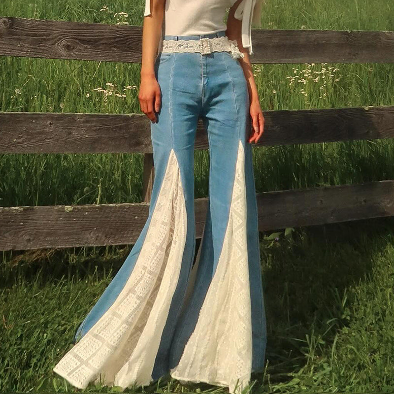 French versatile lace patchwork retro flared pants