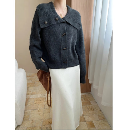 Cozy Retro Horn Button Large Turn-Down Collar Loose Knit Cardigan Sweater