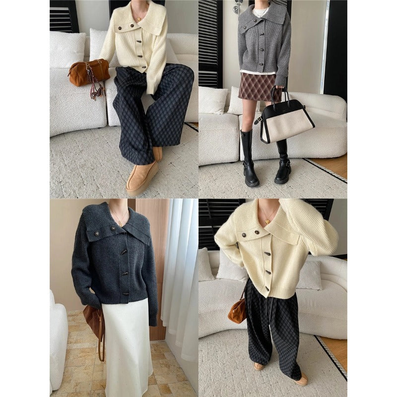 Cozy Retro Horn Button Large Turn-Down Collar Loose Knit Cardigan Sweater