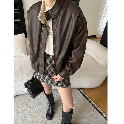 Modern Street American Biker Style Stand Collar Casual Jacket with Fleece Lining and Thickened Leather Coat
