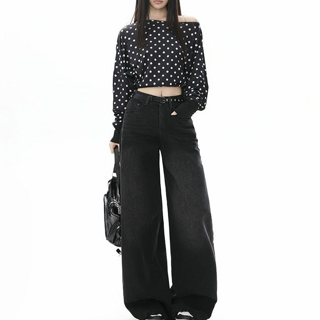 Style Black Gray High Waist Jeans Women Loose Slim Straight Leg Wide Leg Long Pants