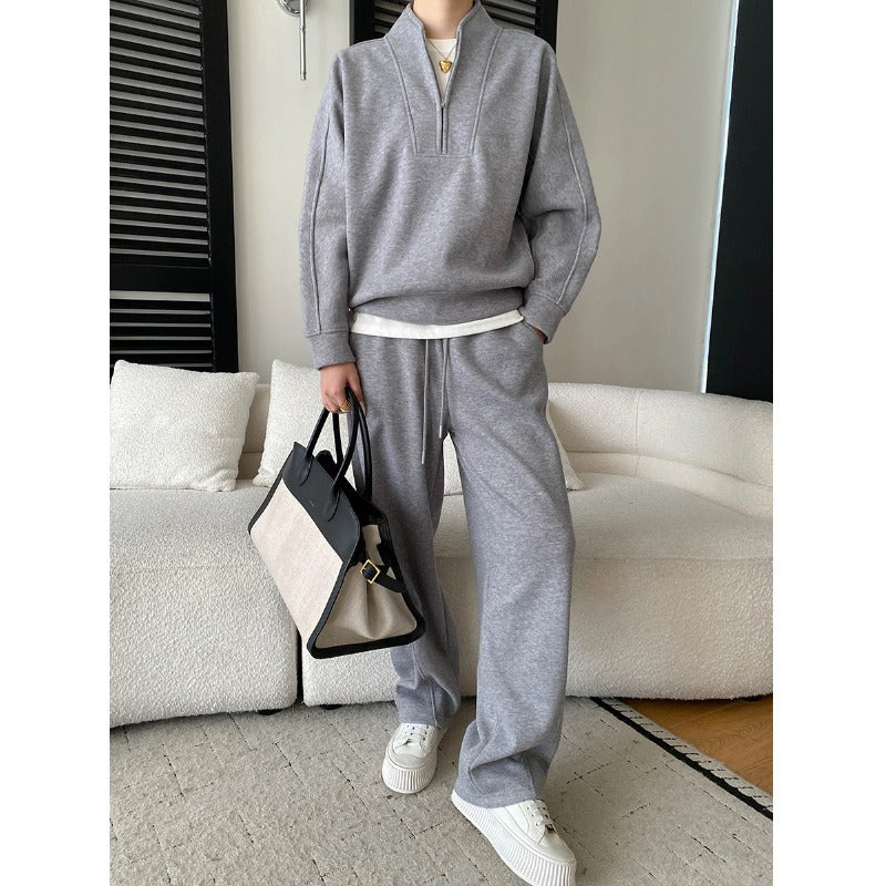 Style Sporty Half-Zip Hooded Fleece Sweatshirt with Drawstring Loose Casual Pants Set