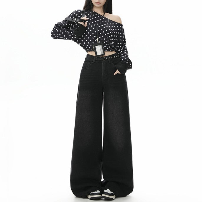 Style Black Gray High Waist Jeans Women Loose Slim Straight Leg Wide Leg Long Pants