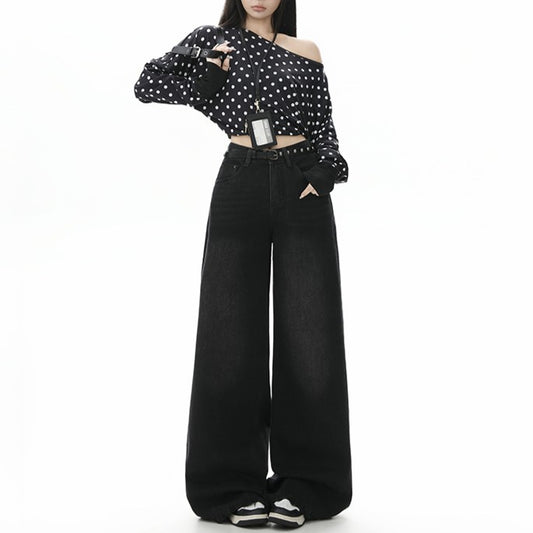 Style Black Gray High Waist Jeans Women Loose Slim Straight Leg Wide Leg Long Pants