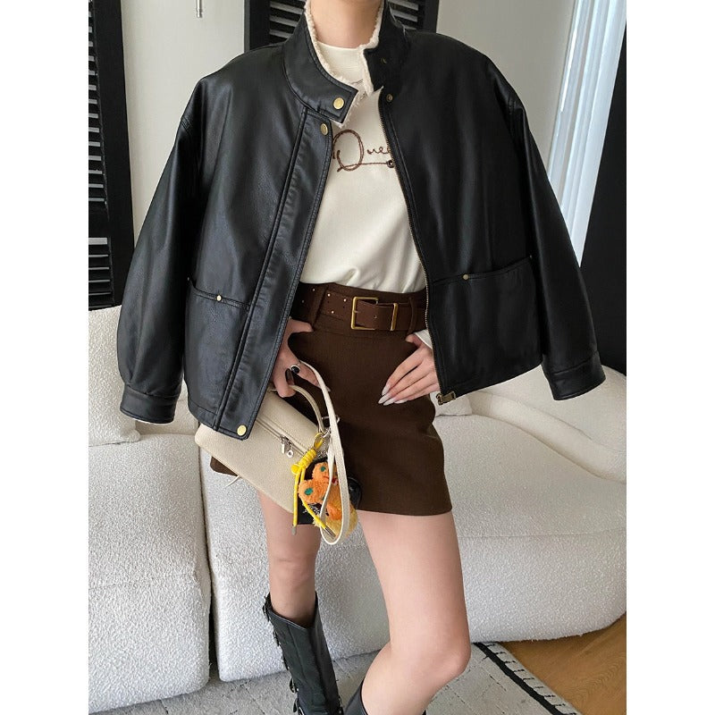 Modern Street American Biker Style Stand Collar Casual Jacket with Fleece Lining and Thickened Leather Coat
