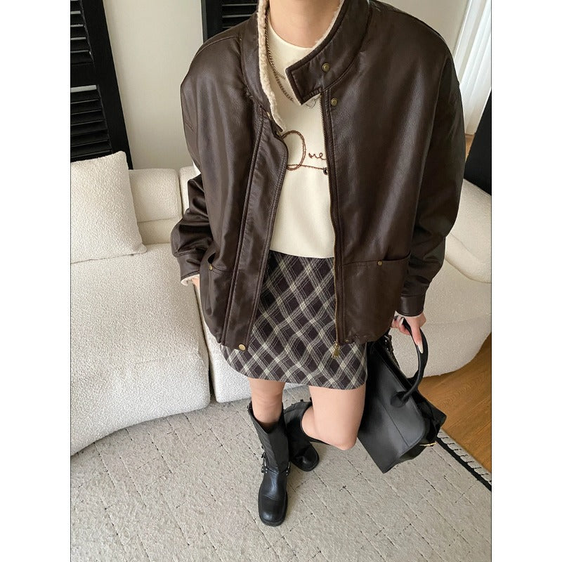 Modern Street American Biker Style Stand Collar Casual Jacket with Fleece Lining and Thickened Leather Coat