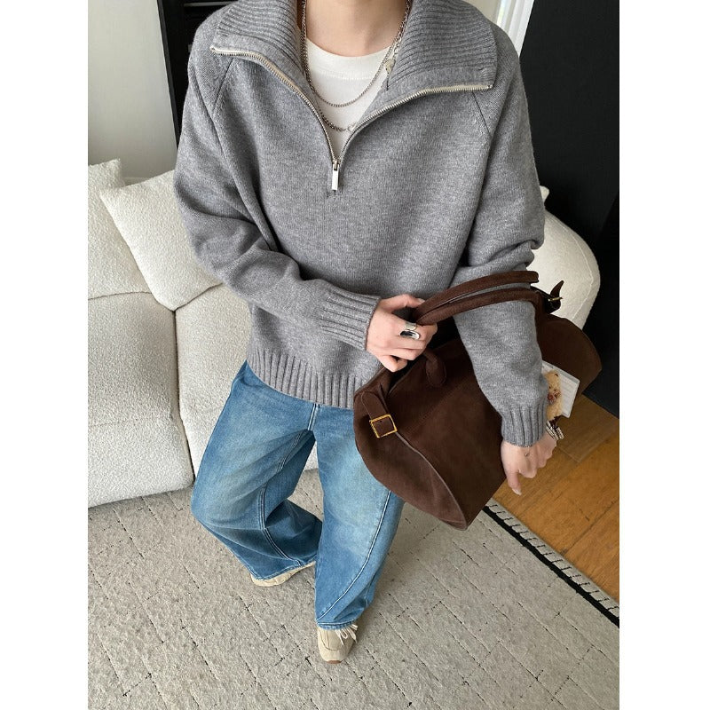 Casual Loose High Neck Half-Zip Knit Sweater Fashionable Relaxed Style