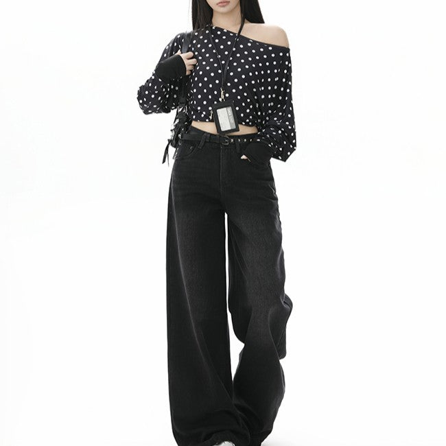 Style Black Gray High Waist Jeans Women Loose Slim Straight Leg Wide Leg Long Pants