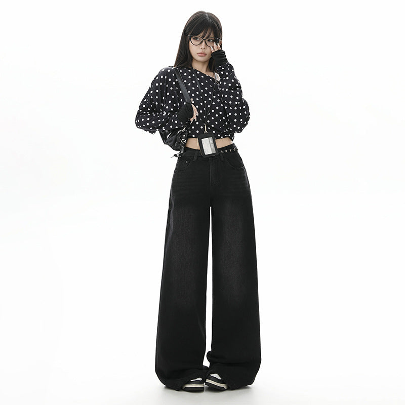 Style Black Gray High Waist Jeans Women Loose Slim Straight Leg Wide Leg Long Pants