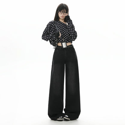 Style Black Gray High Waist Jeans Women Loose Slim Straight Leg Wide Leg Long Pants