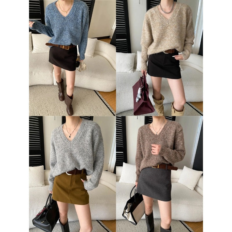 Soft Knit Sweater with Floral Pattern, V-Neck, Loose Fit Comfortable and Skin-Friendly French StyleGentle