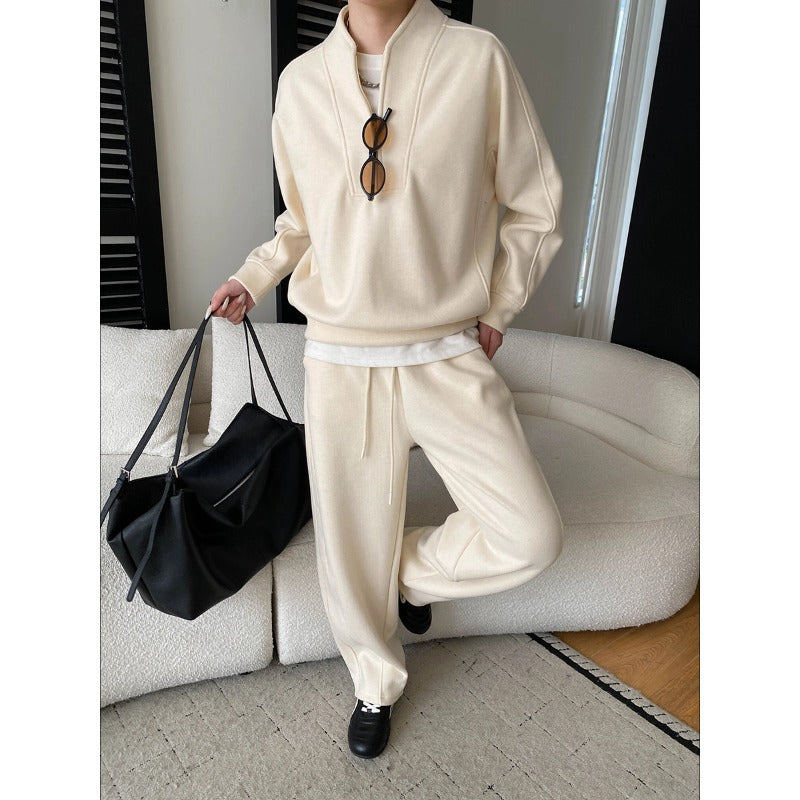 Style Sporty Half-Zip Hooded Fleece Sweatshirt with Drawstring Loose Casual Pants Set