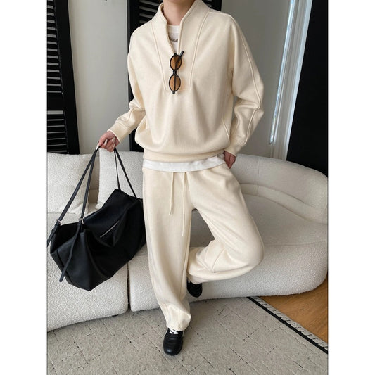 Style Sporty Half-Zip Hooded Fleece Sweatshirt with Drawstring Loose Casual Pants Set