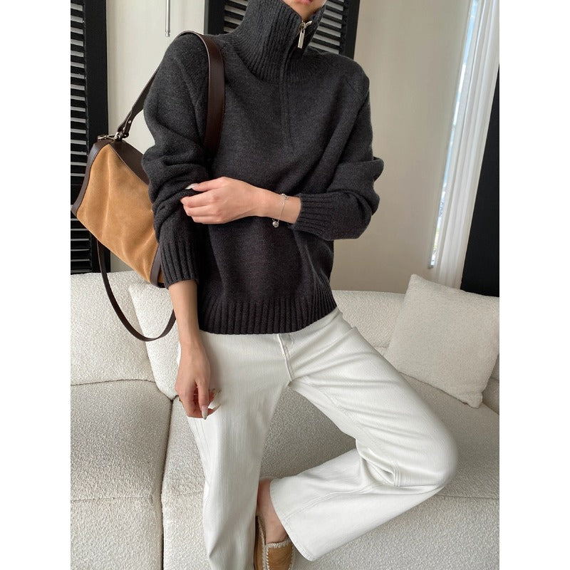 Casual Loose High Neck Half-Zip Knit Sweater Fashionable Relaxed Style